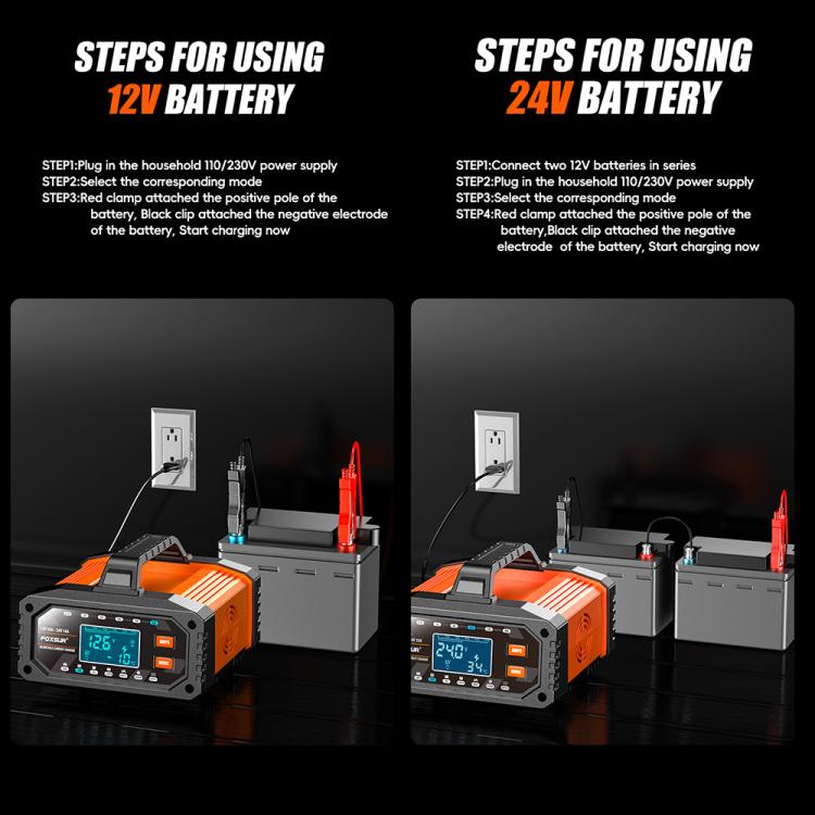 Foxsur 20A 12V/24V Portable Car  Motorcycle Battery Charger, US Plug, EU Plug, UK Plug, AU Plug, JP Plug