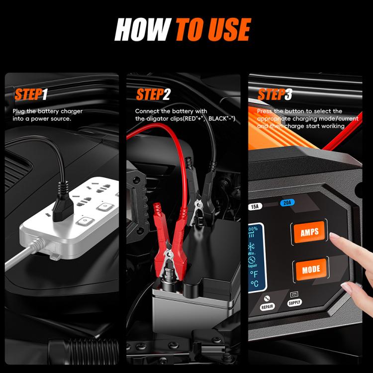 Foxsur 20A 12V/24V Portable Car  Motorcycle Battery Charger, US Plug, EU Plug, UK Plug, AU Plug, JP Plug