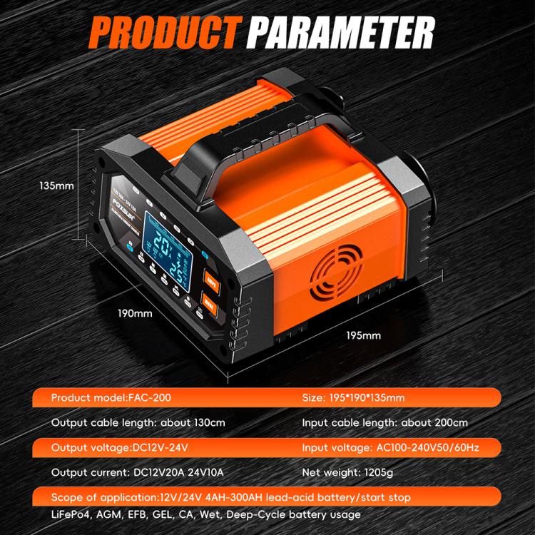 Foxsur 20A 12V/24V Portable Car  Motorcycle Battery Charger, US Plug, EU Plug, UK Plug, AU Plug, JP Plug