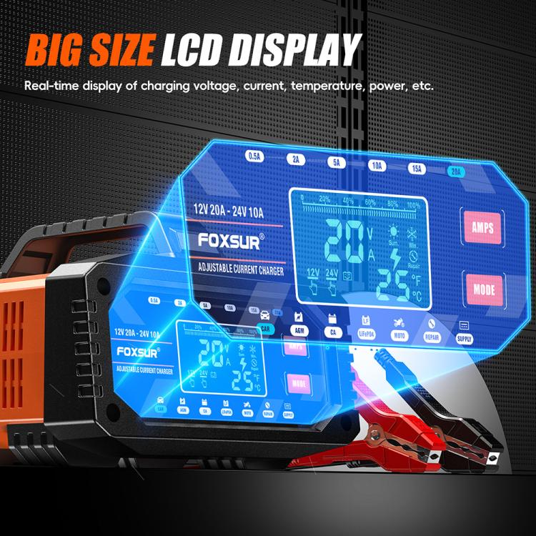 Foxsur 20A 12V/24V Portable Car  Motorcycle Battery Charger, US Plug, EU Plug, UK Plug, AU Plug, JP Plug