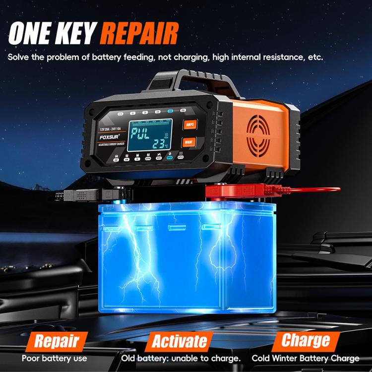 Foxsur 20A 12V/24V Portable Car  Motorcycle Battery Charger, US Plug, EU Plug, UK Plug, AU Plug, JP Plug