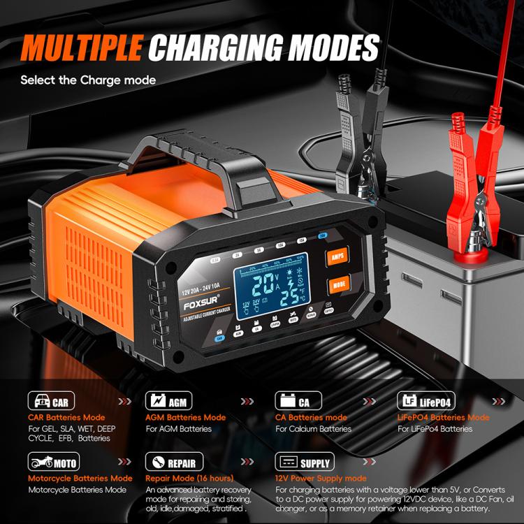 Foxsur 20A 12V/24V Portable Car  Motorcycle Battery Charger, US Plug, EU Plug, UK Plug, AU Plug, JP Plug