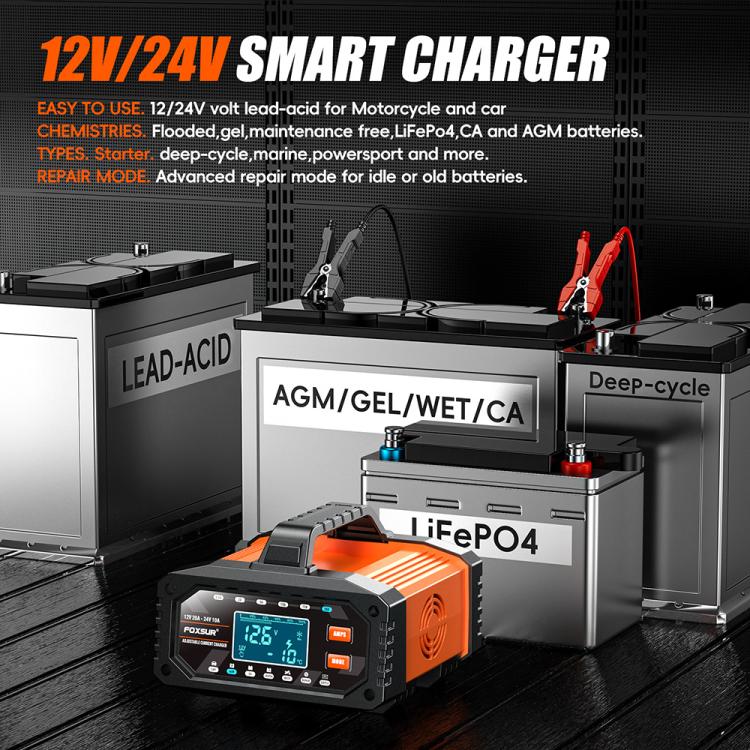 Foxsur 20A 12V/24V Portable Car  Motorcycle Battery Charger, US Plug, EU Plug, UK Plug, AU Plug, JP Plug