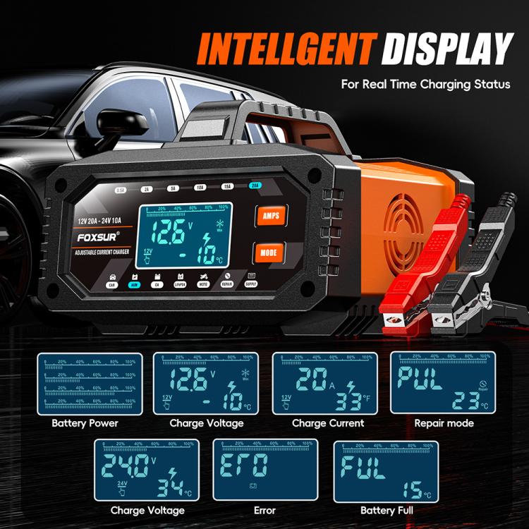 Foxsur 20A 12V/24V Portable Car  Motorcycle Battery Charger, US Plug, EU Plug, UK Plug, AU Plug, JP Plug