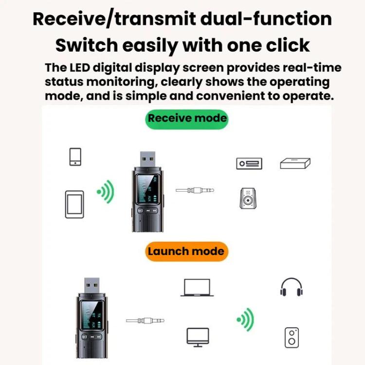 GT72 Bluetooth 5.4 Audio Adapter With Digital Display Portable Receiver & Transmitter, GT72