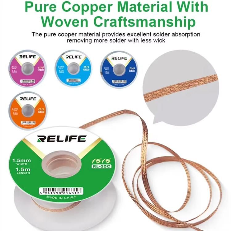 RELIFE RL-20C PCB Solder Cleaning Corrosion-Resistant Solder Removal Tape, 1.5mm x 1.5m, 2mm x 1.5m, 2.5mm x 1.5m, 3mm x 1.5m, 3.5mm x 1.5m