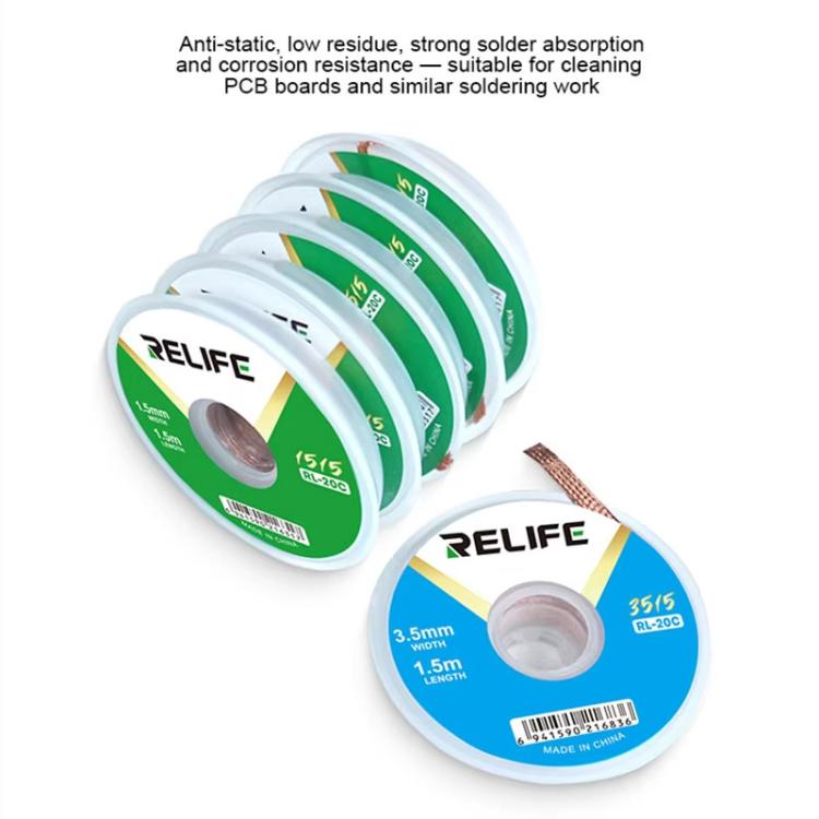 RELIFE RL-20C PCB Solder Cleaning Corrosion-Resistant Solder Removal Tape, 1.5mm x 1.5m, 2mm x 1.5m, 2.5mm x 1.5m, 3mm x 1.5m, 3.5mm x 1.5m