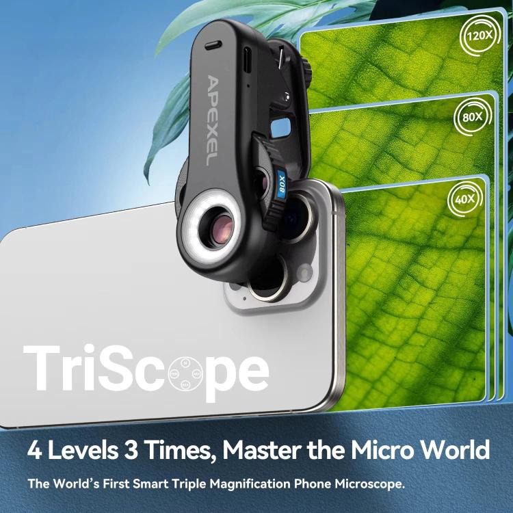 APEXEL TriScope 40X-80X-120X Phone Microscope with Dual-Temperature LED & UV Lighting, APL-MS3L