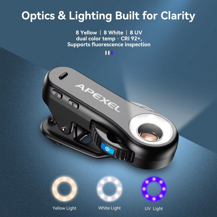 APEXEL TriScope 40X-80X-120X Phone Microscope with Dual-Temperature LED & UV Lighting, APL-MS3L