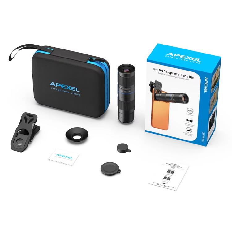 APEXEL TeleZoom 5–10X Zoom Telephoto Lens Kit for Smartphone with All-in-One Universal Clip, APL-T5-10X