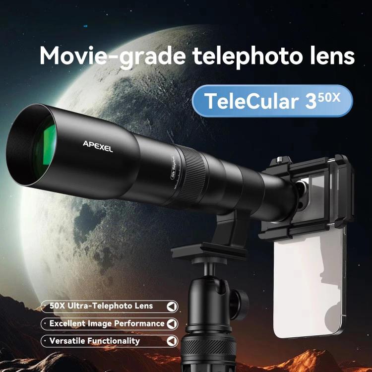 APEXEL TeleCular 50x Telephoto Lens Kit for Smartphone with 360-degree Ball Head Tripod & Internal Focus, APL-T50X