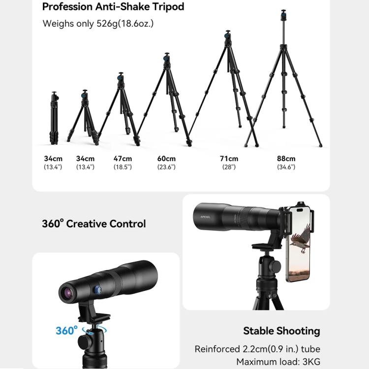 APEXEL TeleCular 50x Telephoto Lens Kit for Smartphone with 360-degree Ball Head Tripod & Internal Focus, APL-T50X