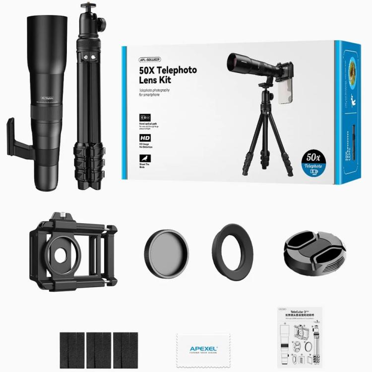 APEXEL TeleCular 50x Telephoto Lens Kit for Smartphone with 360-degree Ball Head Tripod & Internal Focus, APL-T50X
