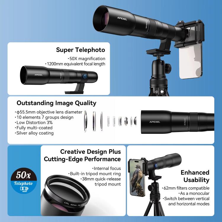APEXEL TeleCular 50x Telephoto Lens Kit for Smartphone with 360-degree Ball Head Tripod & Internal Focus, APL-T50X