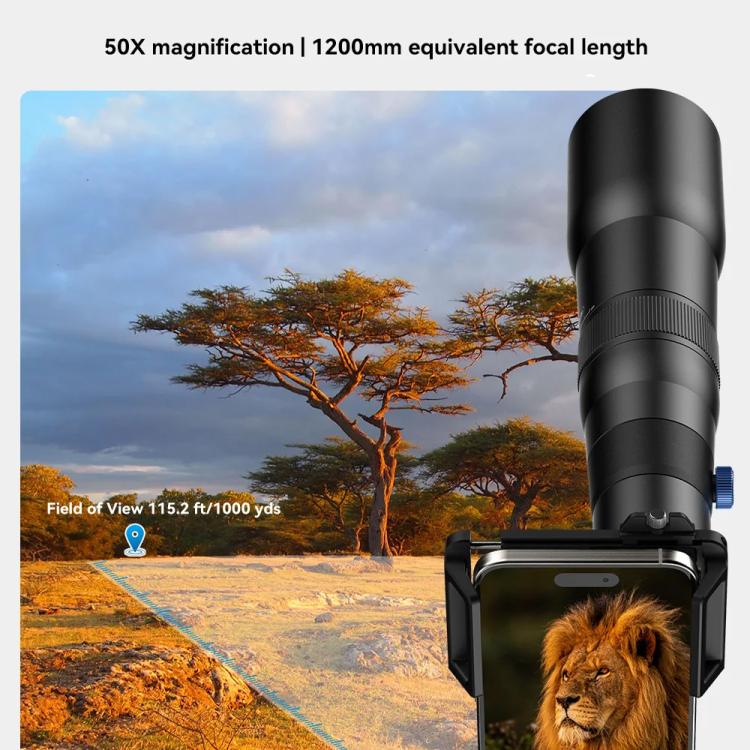 APEXEL TeleCular 50x Telephoto Lens Kit for Smartphone with 360-degree Ball Head Tripod & Internal Focus, APL-T50X