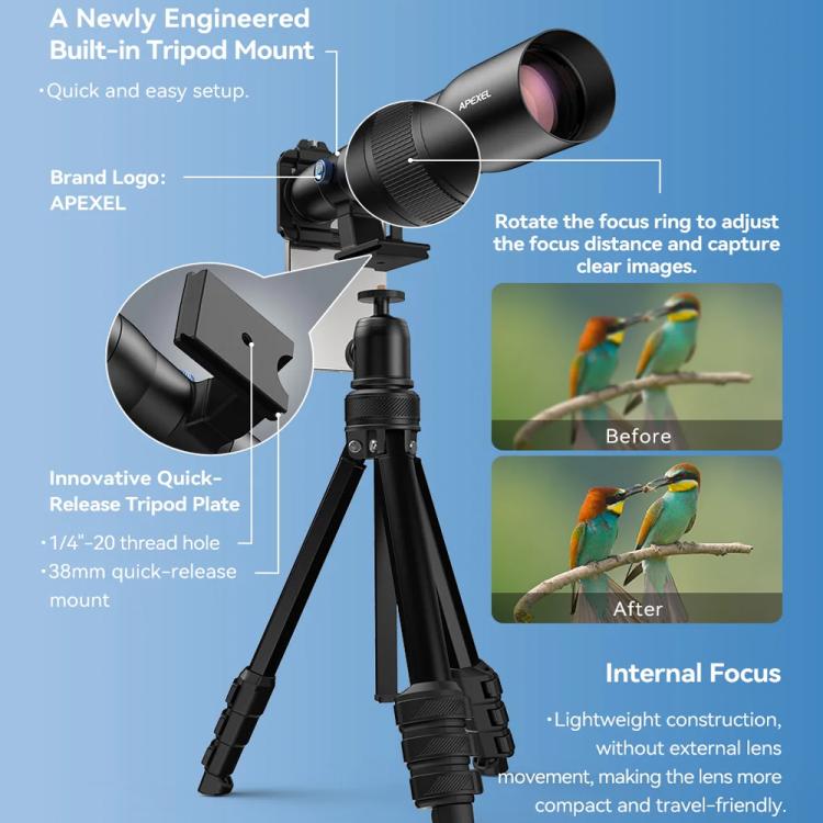 APEXEL TeleCular 50x Telephoto Lens Kit for Smartphone with 360-degree Ball Head Tripod & Internal Focus, APL-T50X
