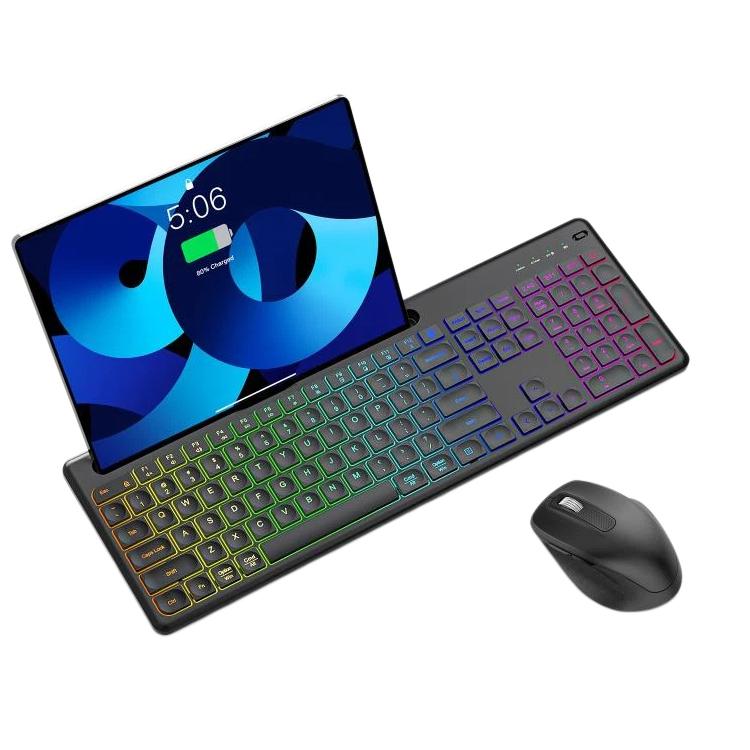 Wireless Keyboard and Mouse Set with Phone/Tablet Slot RGB Backlit Rechargeable Keyboard Mouse Combo, 2.4G Single Mode, 2.4G & Bluetooth