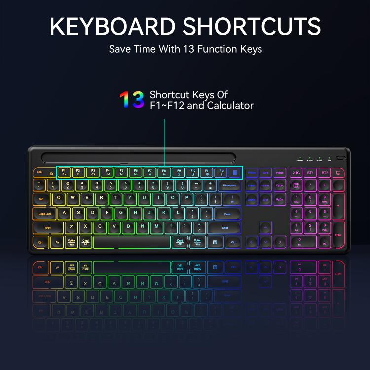 Wireless Keyboard and Mouse Set with Phone/Tablet Slot RGB Backlit Rechargeable Keyboard Mouse Combo, 2.4G Single Mode, 2.4G & Bluetooth