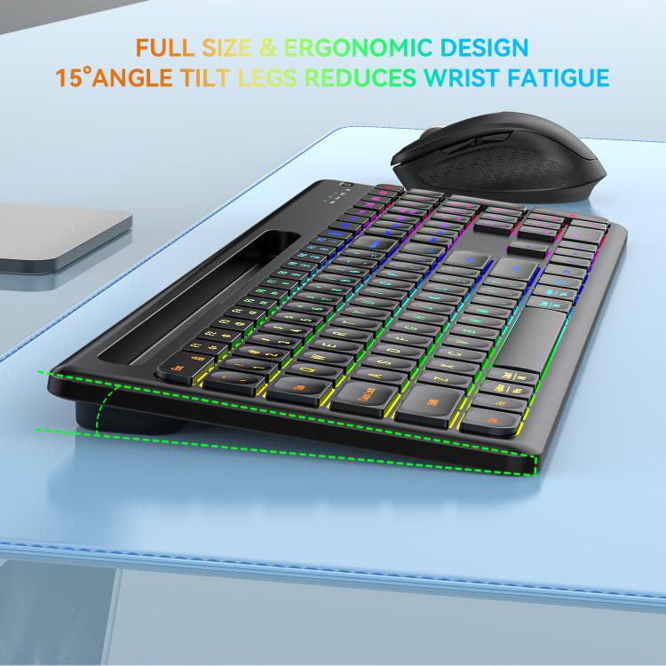 Wireless Keyboard and Mouse Set with Phone/Tablet Slot RGB Backlit Rechargeable Keyboard Mouse Combo, 2.4G Single Mode, 2.4G & Bluetooth