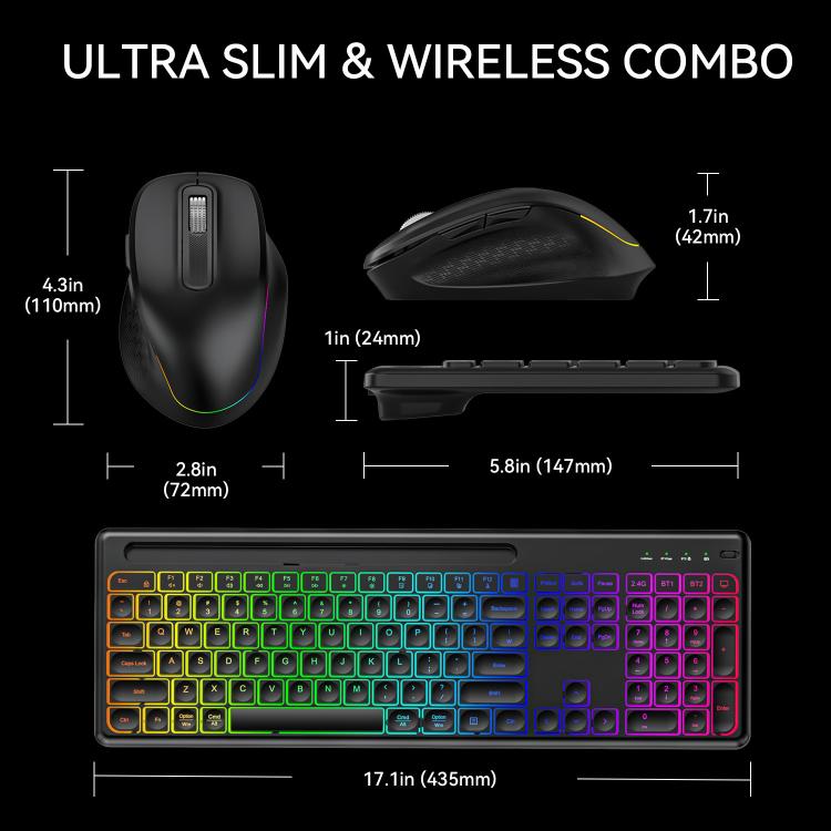 Wireless Keyboard and Mouse Set with Phone/Tablet Slot RGB Backlit Rechargeable Keyboard Mouse Combo, 2.4G Single Mode, 2.4G & Bluetooth
