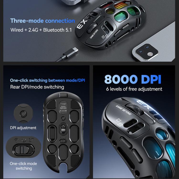 T-WOLF X3 Tri-Mode Wireless Gaming Mouse Ultra-Lightweight Hollow-Out Honeycomb Shell 8000 DPI