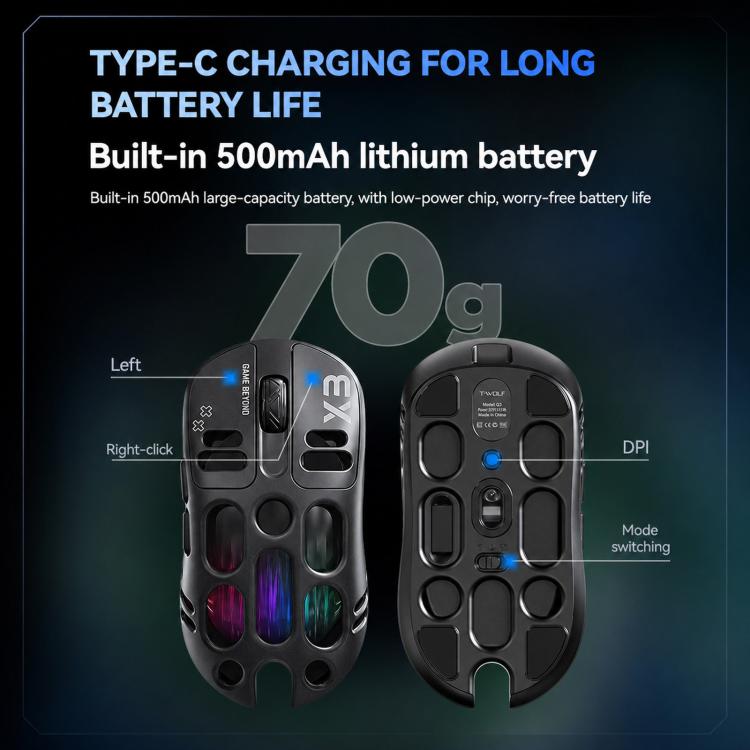 T-WOLF X3 Tri-Mode Wireless Gaming Mouse Ultra-Lightweight Hollow-Out Honeycomb Shell 8000 DPI