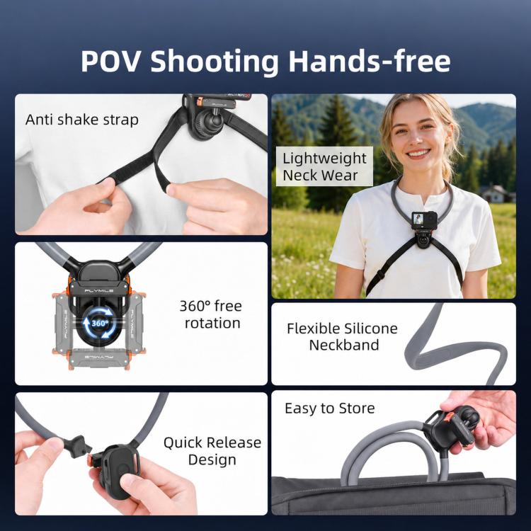 Flymile First-person Perspective Shot Magnetic Quick-release Neck Brace, For DJI Osmo Action 3 / 4 / 5 Pro / 6, For Insta360 Ace / Ace Pro 2 / X5, Universal Action Camera Two-Claw