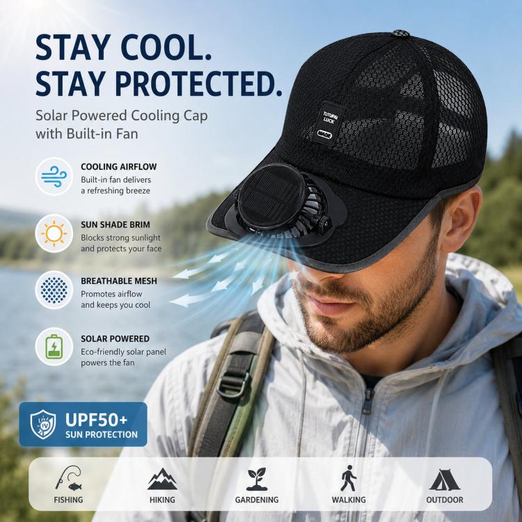 Solar Fan Hat with 3-Speed Adjustable Cooling Rechargeable Sun Cap Mesh Breathable Baseball Visor
