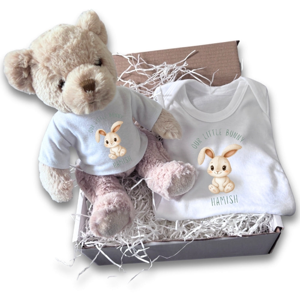 Personalised Our Little Bunny Gift Hamper Baby Gift Hamper - Teddy & Vest