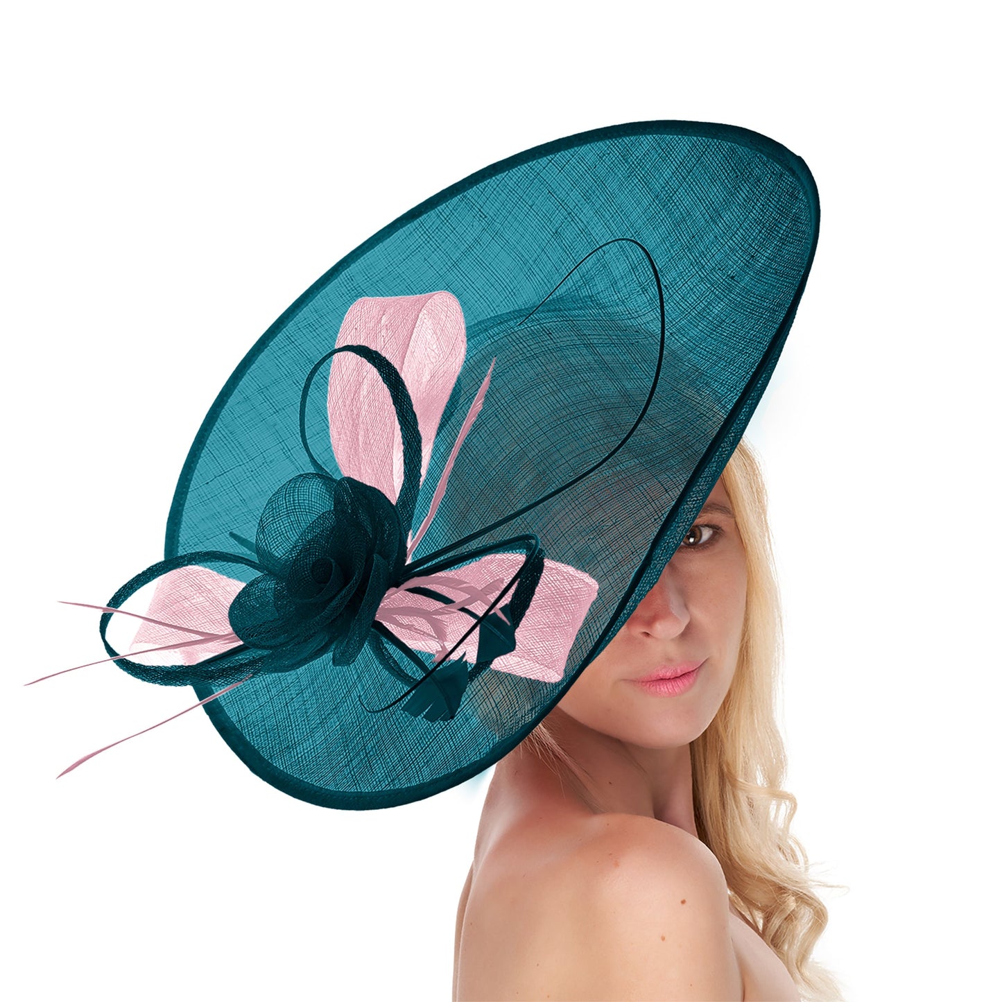 Teal Blush 41cm Large Sinamay Hatinator Disc Saucer Brim Hat Fascinator on Headband
