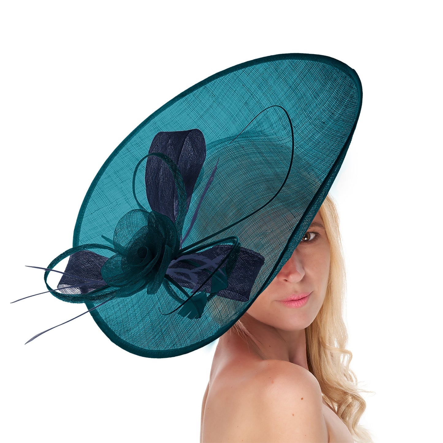 Teal Navy 41cm Large Sinamay Hatinator Disc Saucer Brim Hat Fascinator on Headband