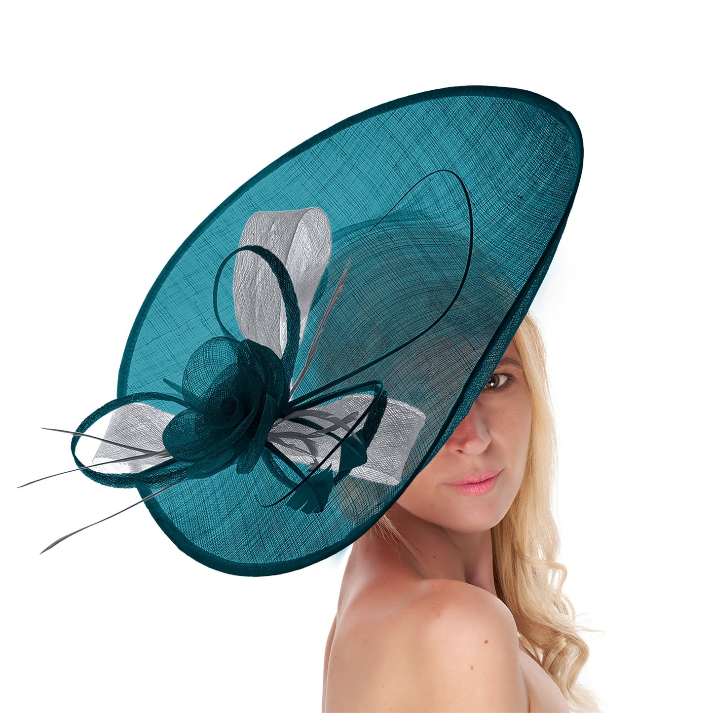 Teal Silver 41cm Large Sinamay Hatinator Disc Saucer Brim Hat Fascinator on Headband