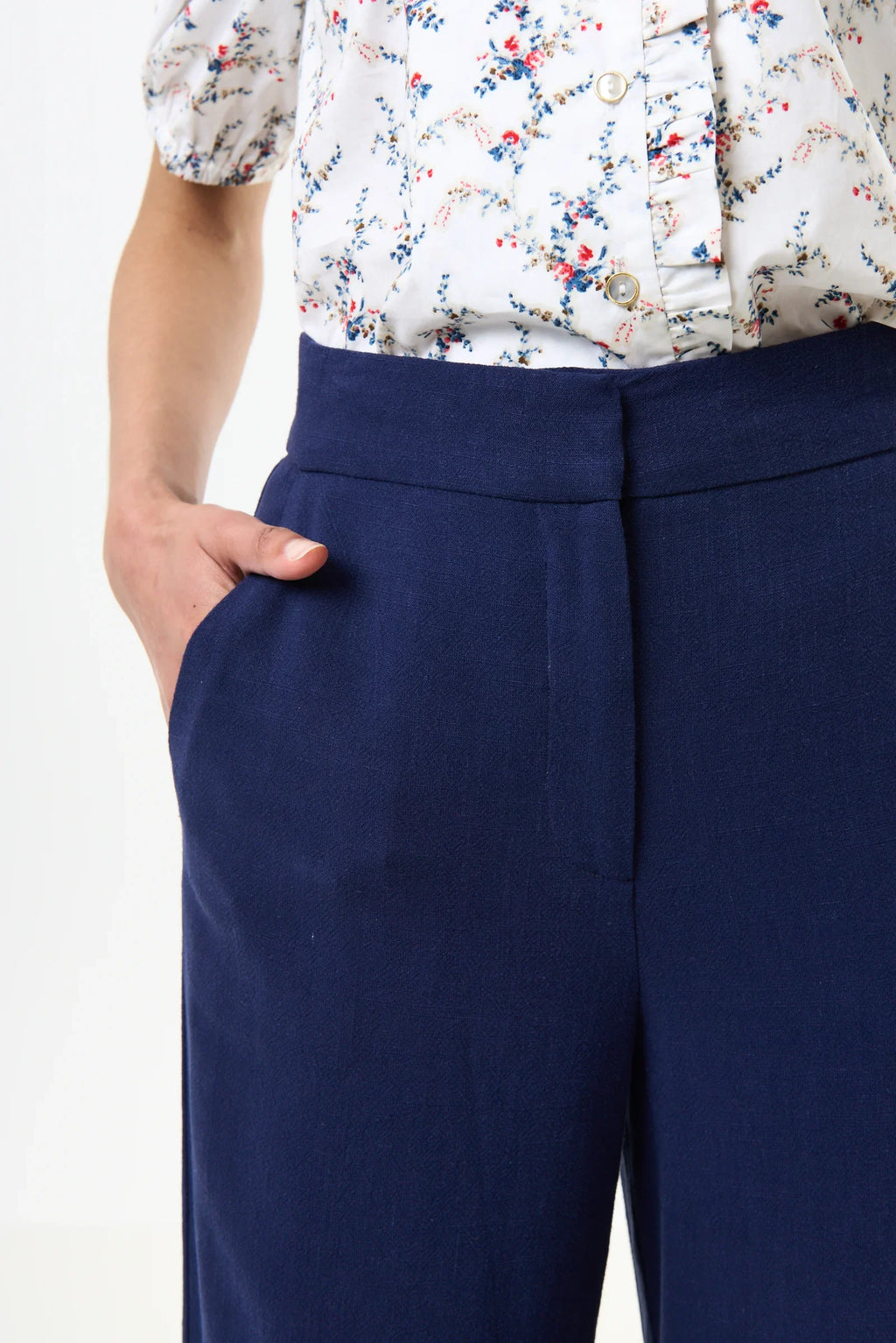Tilde Linen Mix Straight Leg Trousers - Navy