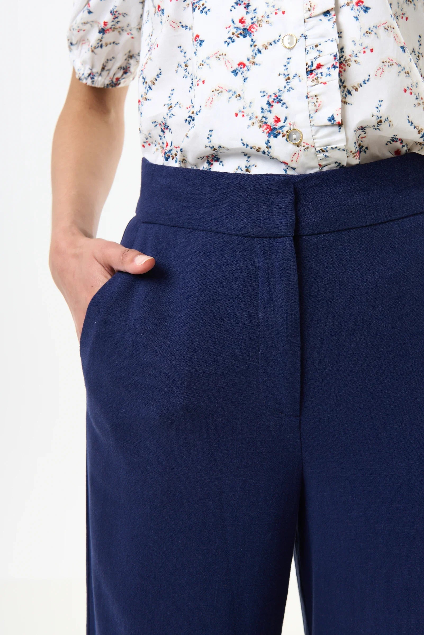 Tilde Linen Mix Straight Leg Trousers - Navy