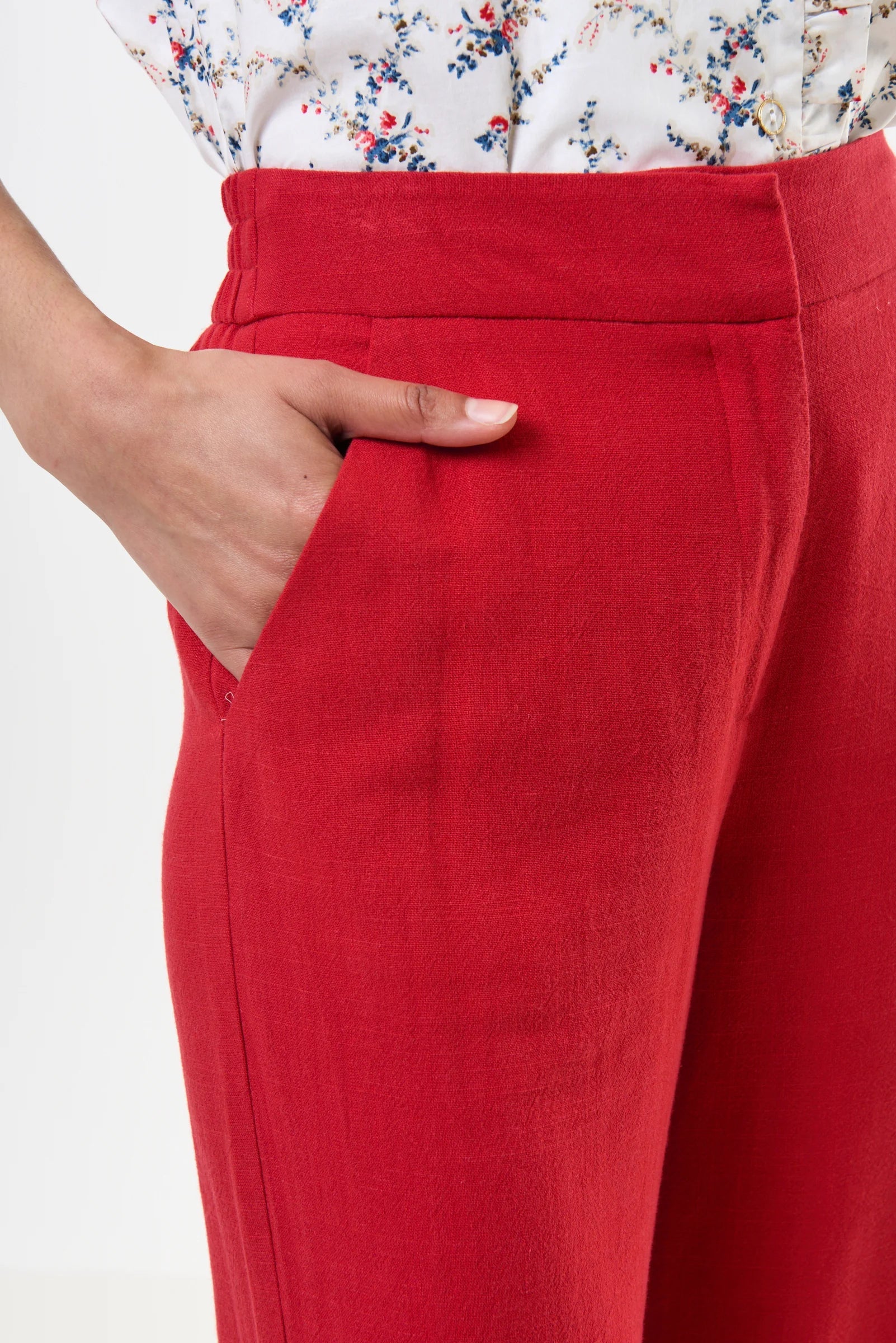 Tilde Linen Mix Straight Leg Trousers - Red