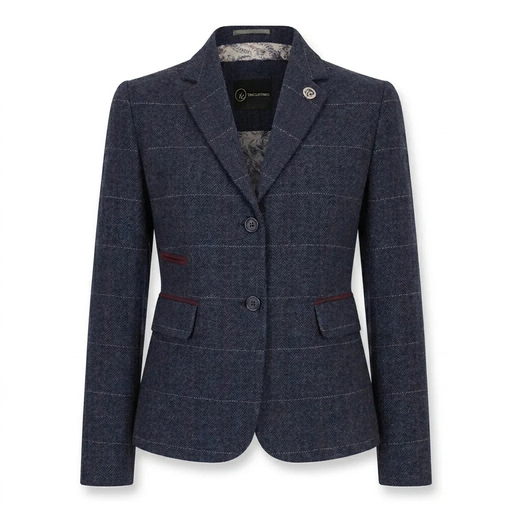 TPW-32 - Women's Navy Wool Blend Tweed Blazer Waistcoat
