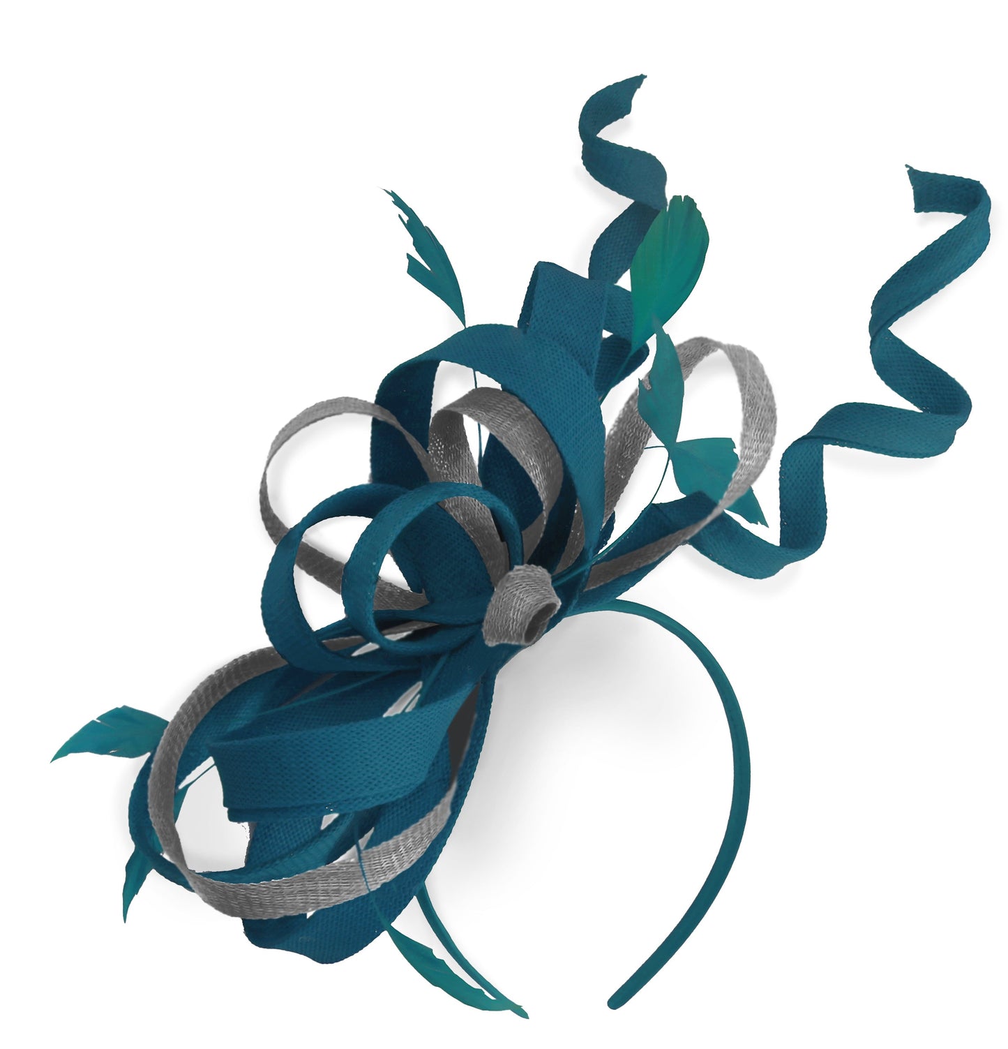 Caprilite Teal and Silver Wedding Swirl Fascinator Headband Alice Band Ascot Races Loop Net