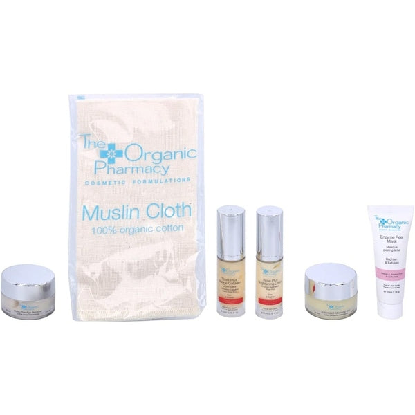 The Organic Pharmacy Rejuvenating Skincare Gift Set 10ml Antioxidant Cleansing Jelly + 10ml Enzyme Peel Mask + 10ml Rose Plus Age Renewal + 5ml Rose Plus Collagen Complex + 5ml Rose Plus Brightening Lotion + Organic Muslin Cloth