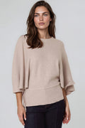 Beige Tie Waist Batwing Sleeve Knit Jumper
