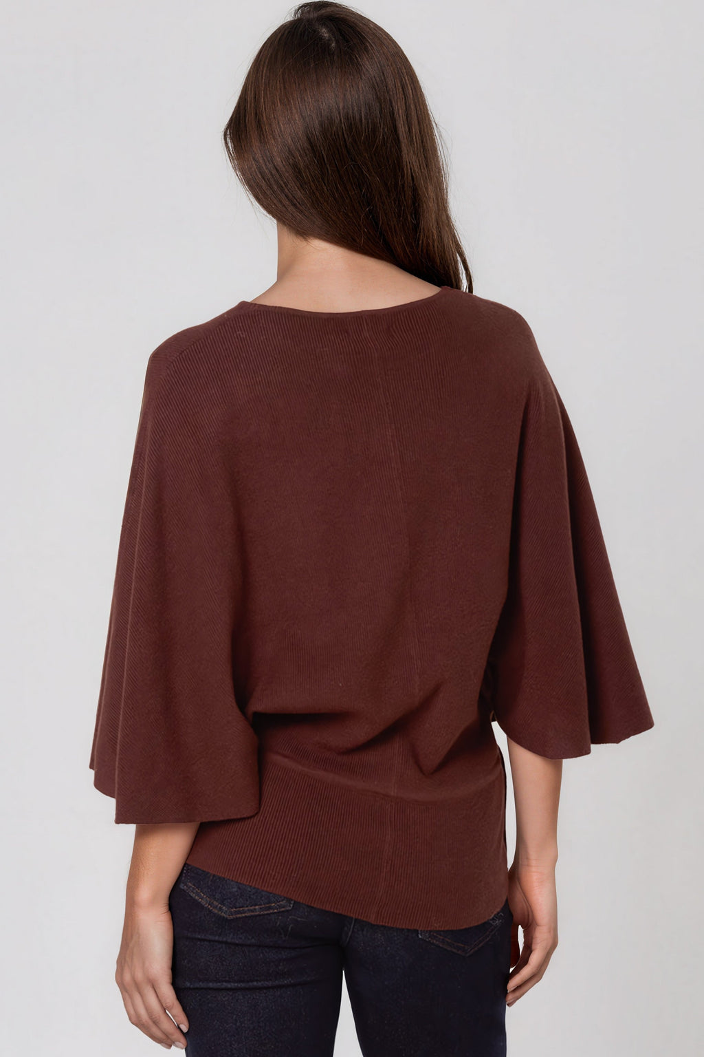 Brown Tie Waist Batwing Sleeve Knit Jumper