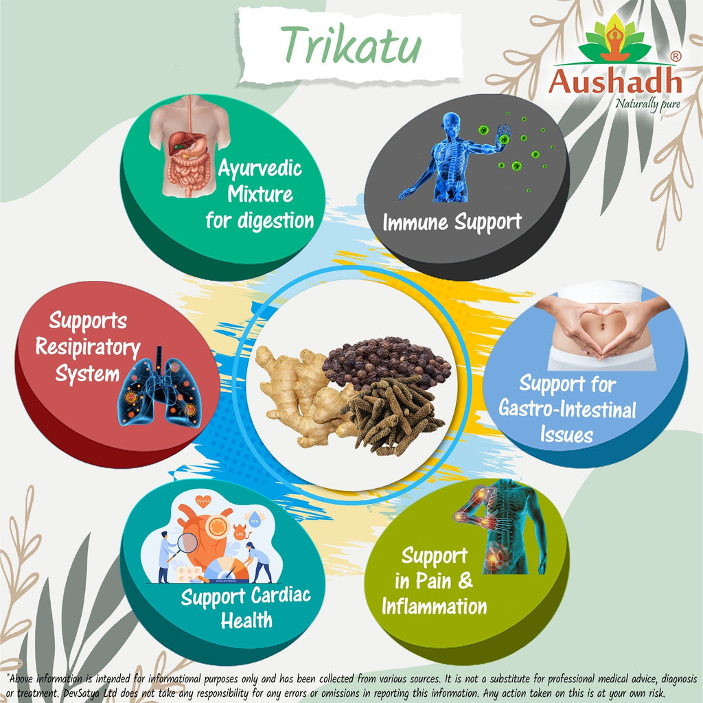 Aushadh Trikatu Capsules (Three Spices) Digestion & Absorption Support - Vegan, Gluten Free, Non-GMO, 60 Capsules