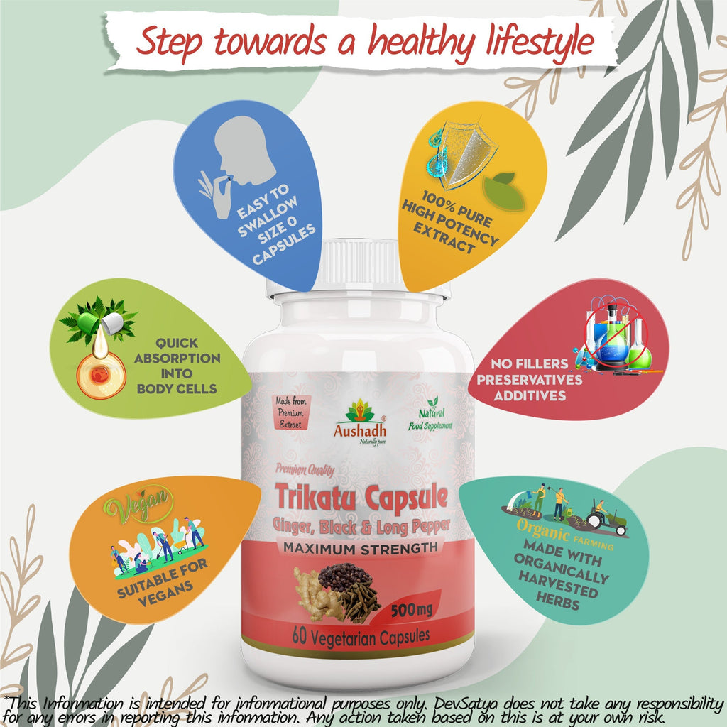 Aushadh Trikatu Capsules (Three Spices) Digestion & Absorption Support - Vegan, Gluten Free, Non-GMO, 60 Capsules