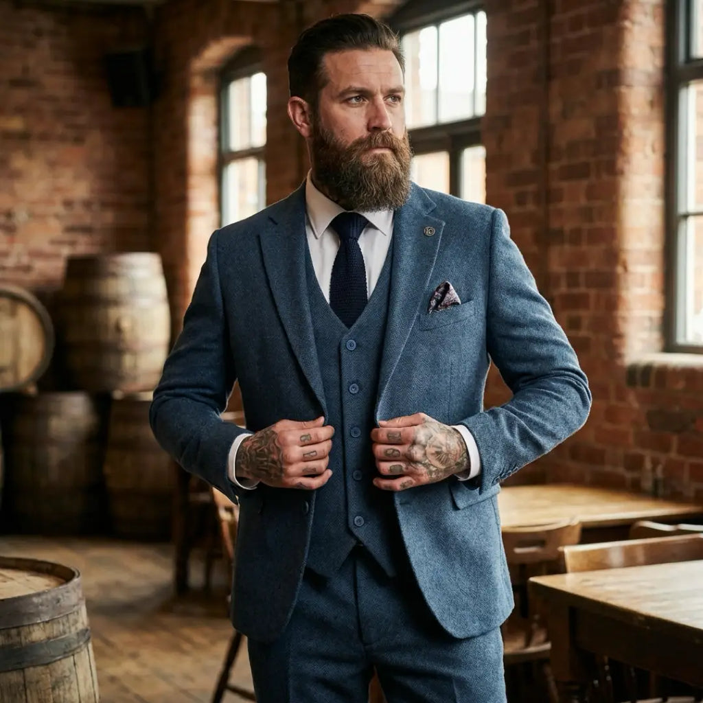IM40 - Men's Blue 3 Piece Tweed Herringbone Suits