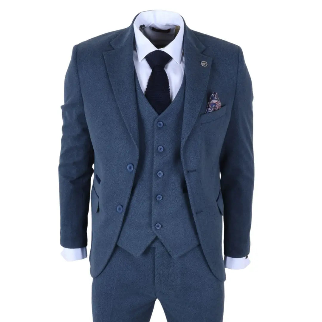 IM40 - Men's Blue 3 Piece Tweed Herringbone Suits
