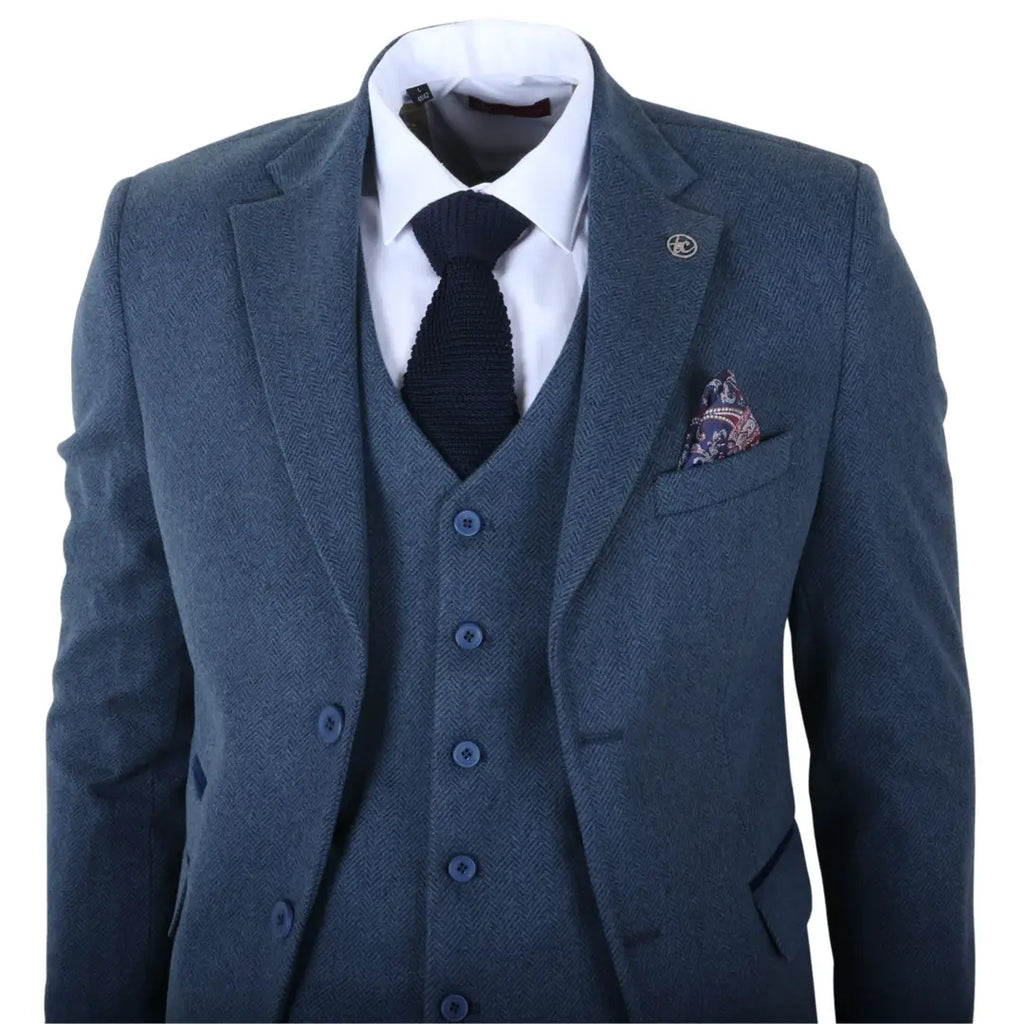 IM40 - Men's Blue 3 Piece Tweed Herringbone Suits