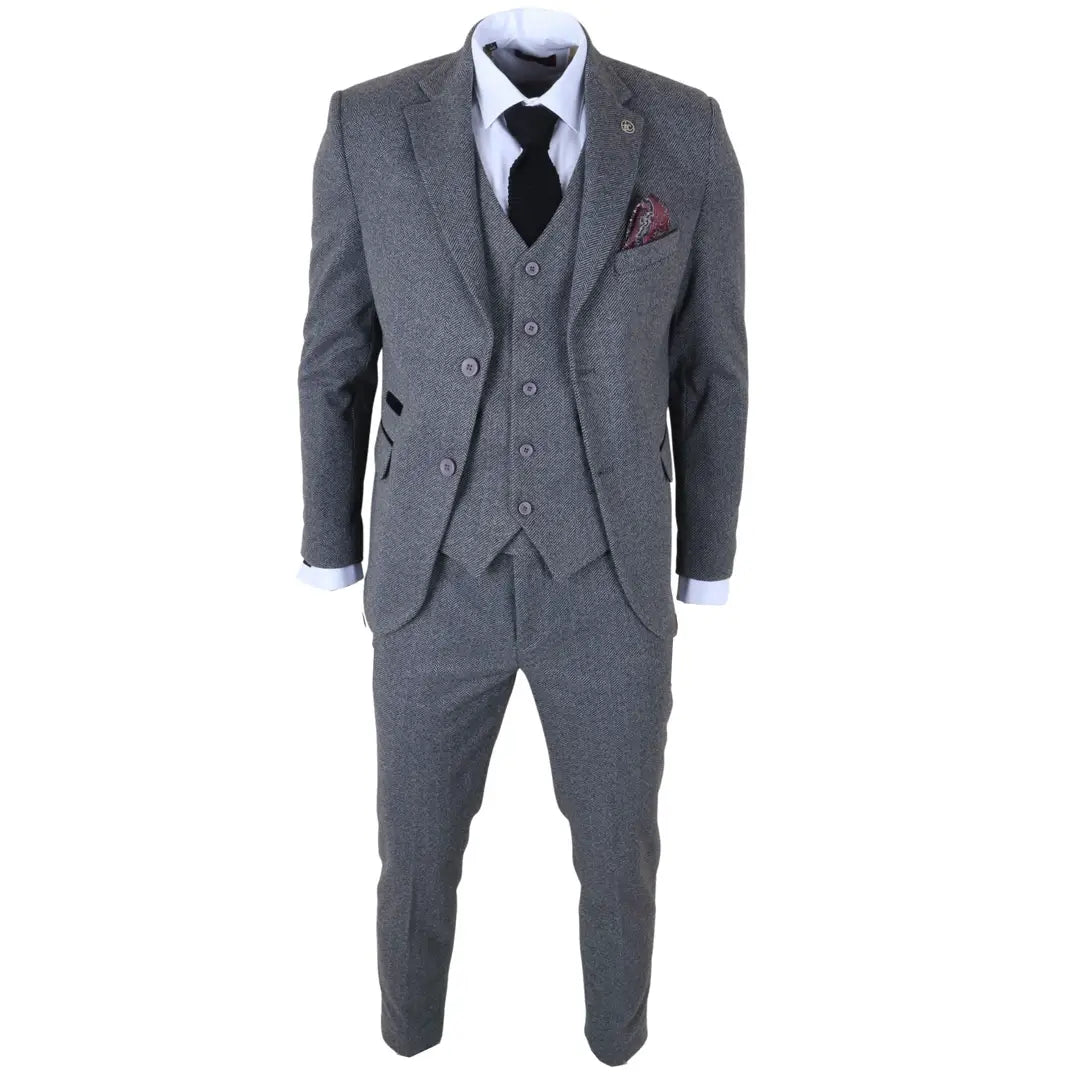 IM41 - Men's Grey 3 Piece Tweed Herringbone Suits
