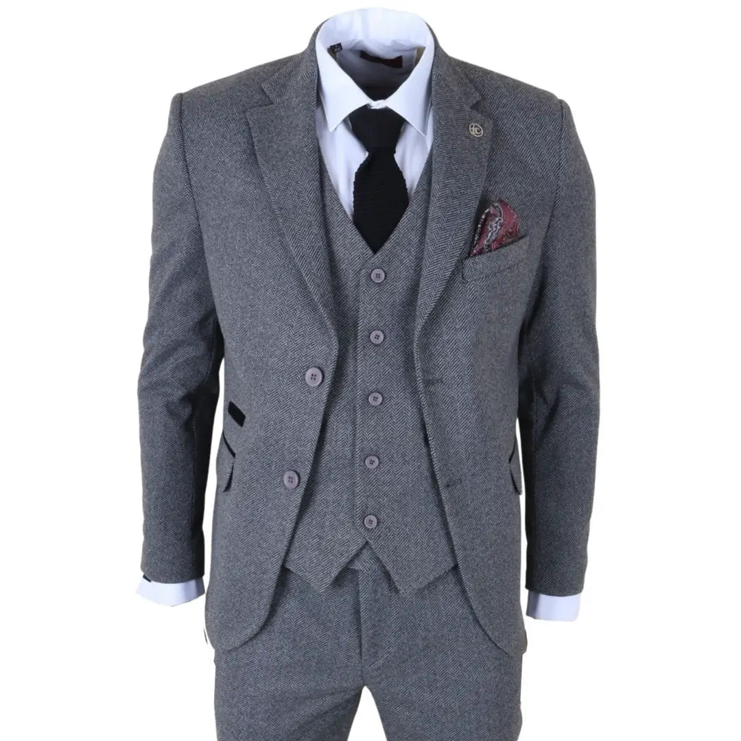 IM41 - Men's Grey 3 Piece Tweed Herringbone Suits