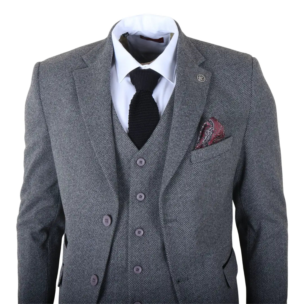 IM41 - Men's Grey 3 Piece Tweed Herringbone Suits