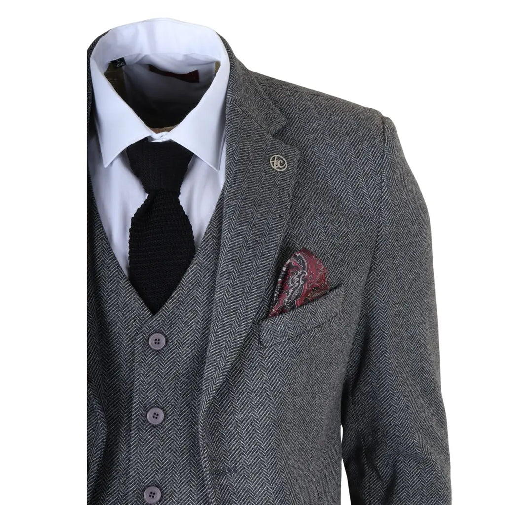 IM41 - Men's Grey 3 Piece Tweed Herringbone Suits