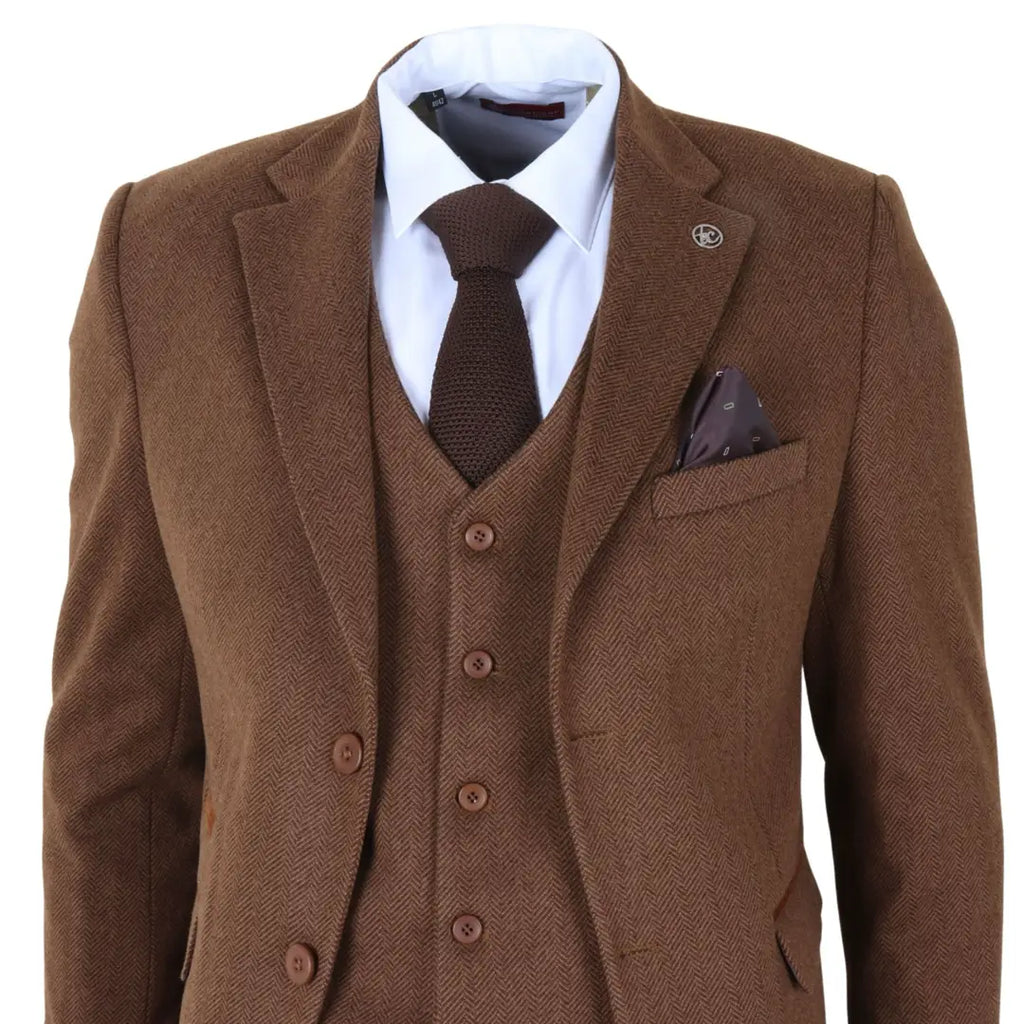 IM42 - Men's Brown 3 Piece Tweed Herringbone Suits